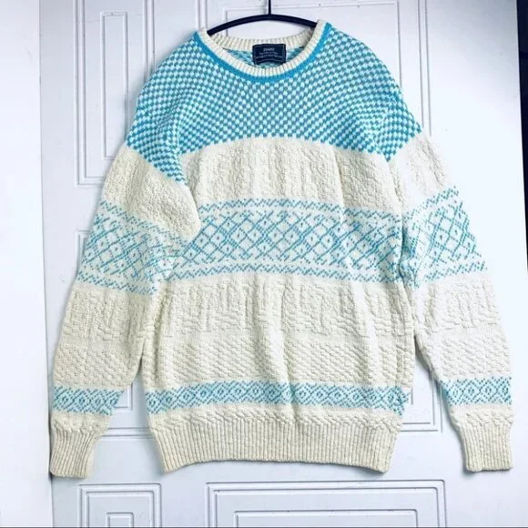 SEARS GRANDPA BLUE OFF WHITE KNIT SWEATER OVERSIZED TOP UNISEX WOMEN MEDIUM - Picture 2 of 10